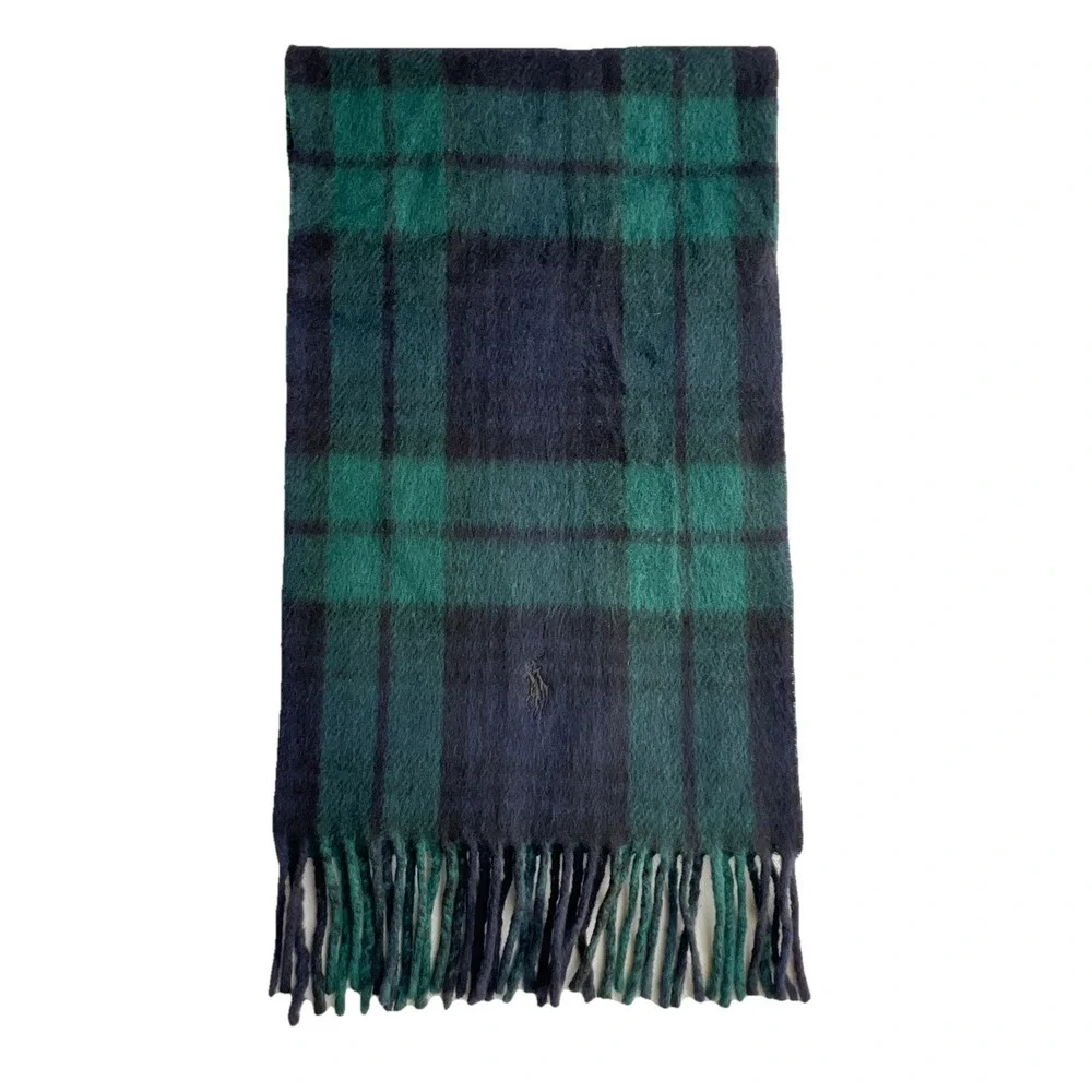 Polo Ralph Lauren Scarf Plaid Lambswool Blend Blue Green Black Tartan Classic